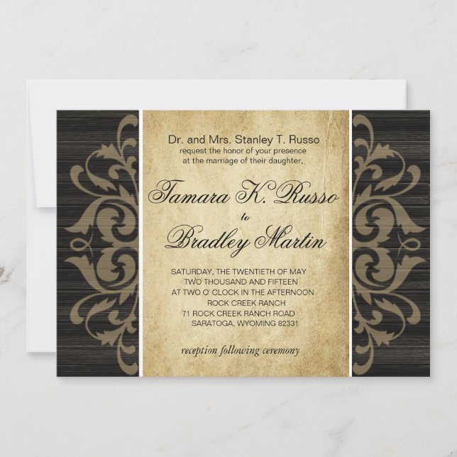 Rustic Wood Filigree Wedding | ebony tan Invitation (Front)