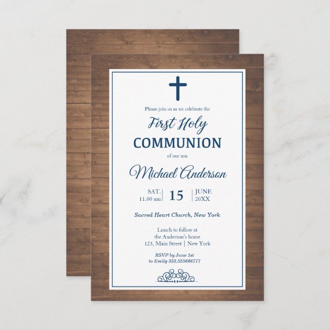 Rustic Wood First Communion Religious event Invitation (Front/Back)