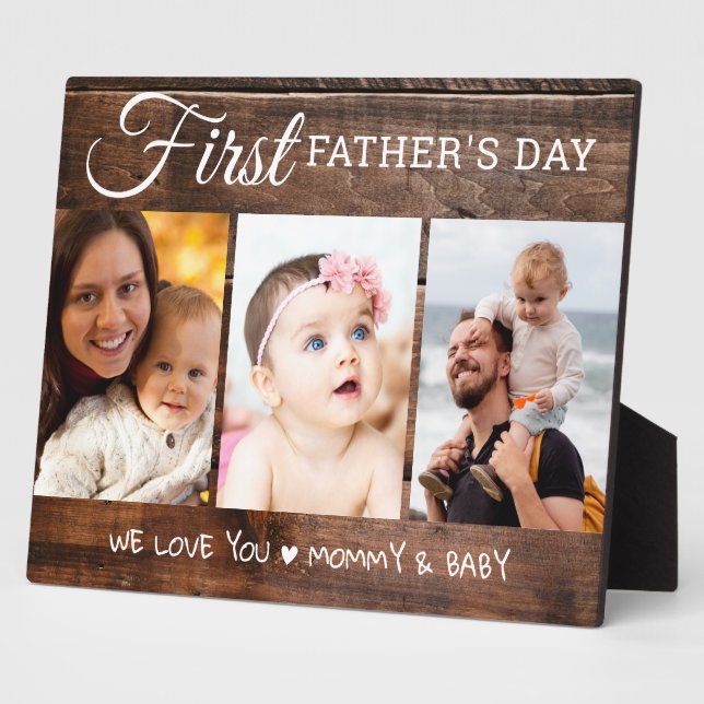 Rustic Wood First Father's Day 3 Photo Collage   Plaque (Side)