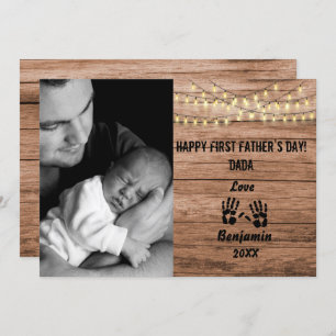 Rustic Wood First Father's Day Custom Photo Holida Holiday Card