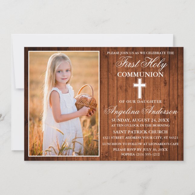 Rustic Wood First Holy Communion Photo Invitation (Front)