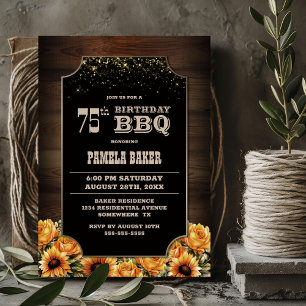 Rustic Wood Floral 75th Birthday BBQ Invitation