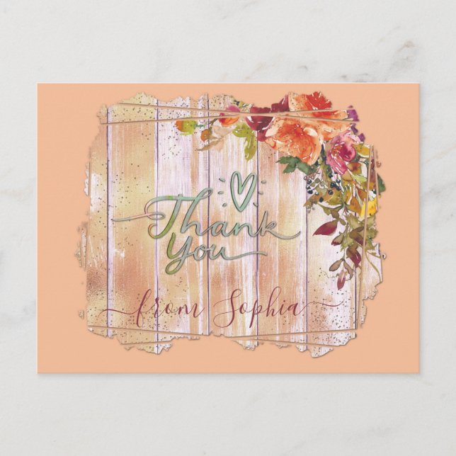 Rustic Wood Floral Add Name Thank You Postcard (Front)