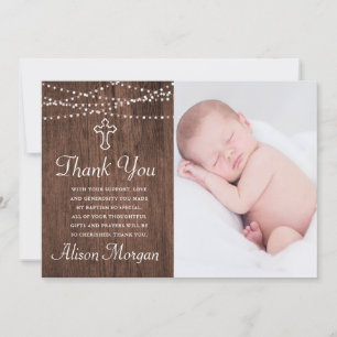 Rustic wood floral baptism thank you card