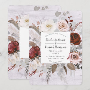 Rustic Wood Floral Blooms Blush Grey Red Wedding Invitation