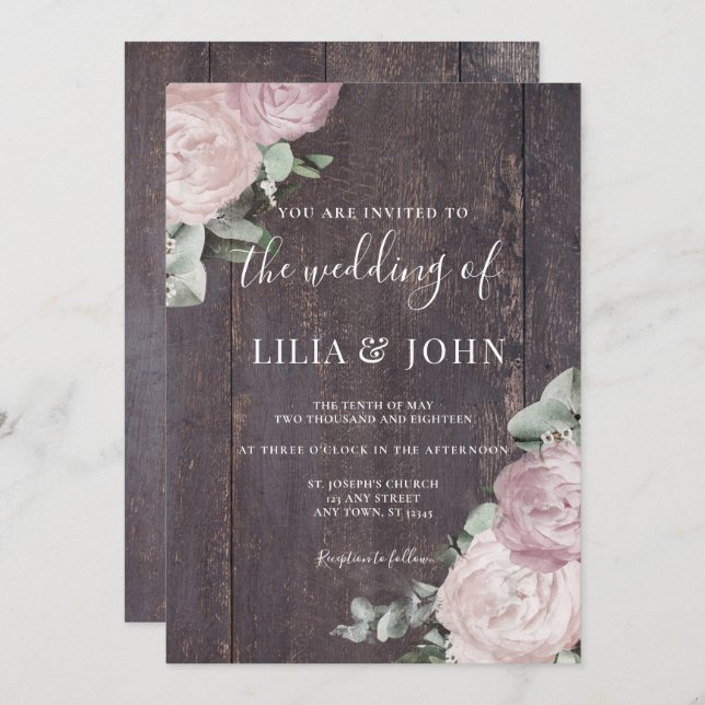 Rustic Wood Floral Blush Dusty Rose Wedding Invitation (Front/Back)
