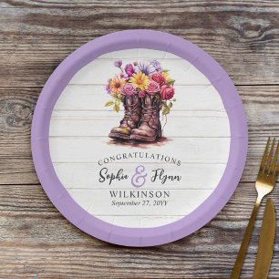 Rustic Wood & Floral Boots Country Farm Wedding Paper Plate