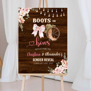 Rustic Wood Floral Boots or Bows Gender Reveal Poster