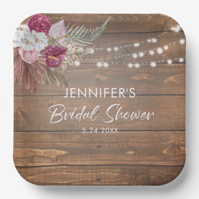 Rustic Wood Floral Bridal Shower  Paper Plate (Front)