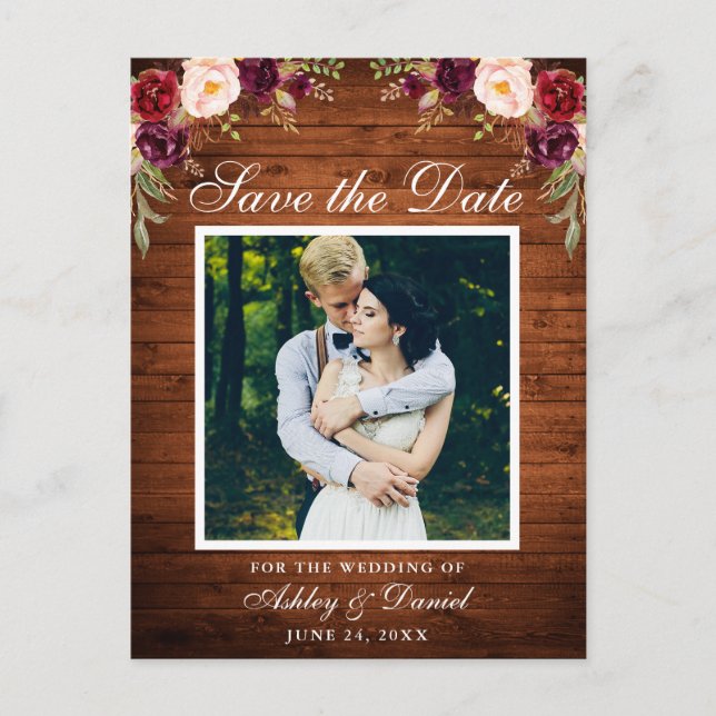 Rustic Wood Floral Burgundy Save the Date Photo Announcement Postcard (Front)