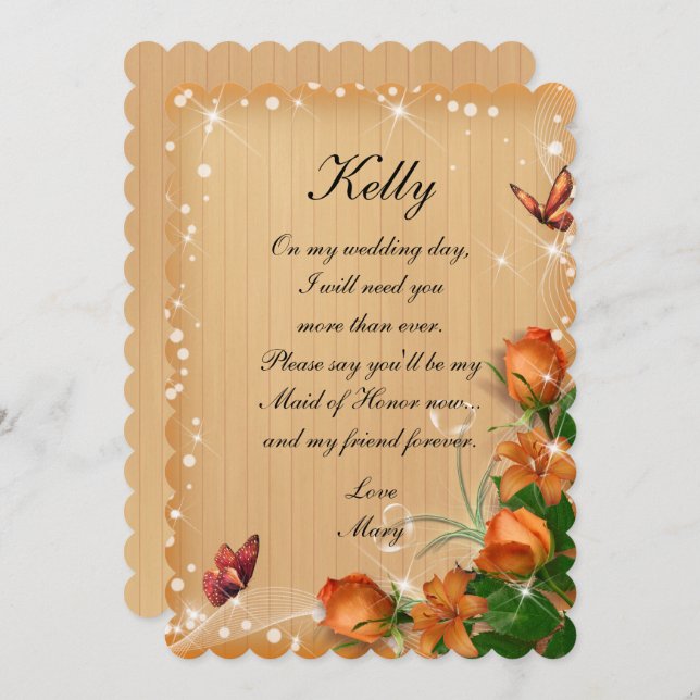 Rustic Wood Floral Butterfly Maid Of Honour Invitation (Front/Back)