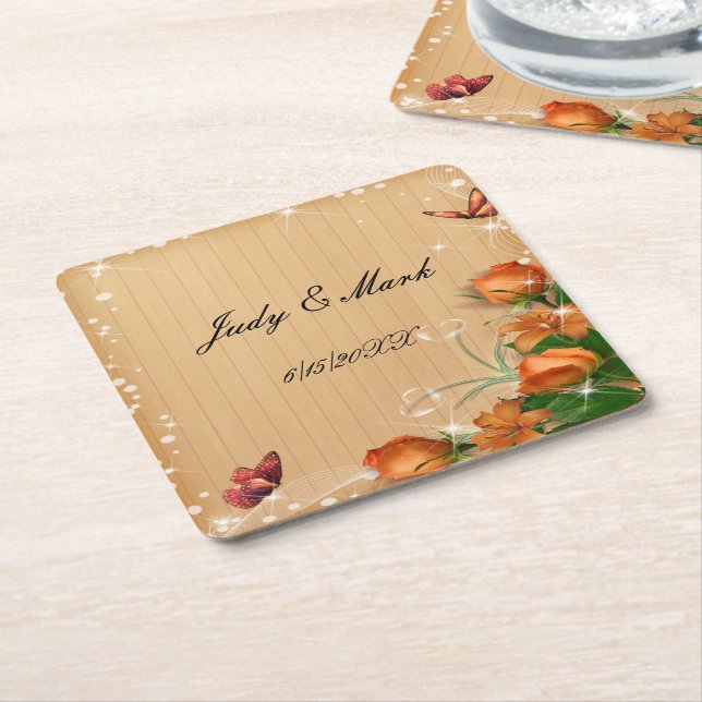 Rustic Wood Floral Butterfly Wedding Paper Coaster (Angled)