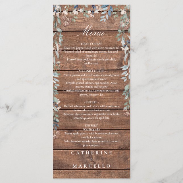 Rustic Wood Floral Cascade Monogram Wedding Dinner Menu (Front)