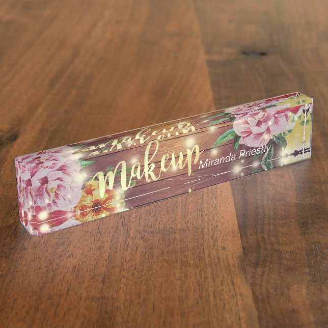 Rustic Wood Floral Chic String Lights Makeup Salon Nameplate (Side)