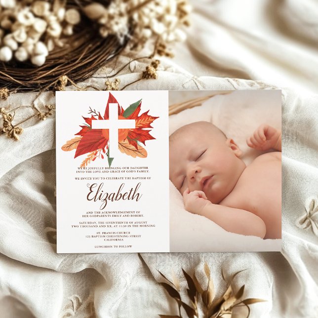 Rustic wood floral christian cross baptism photo invitation (Rustic wood floral christian cross baptism photo invitation)