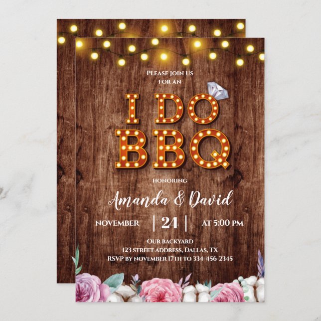 Rustic Wood Floral Cotton I Do BBQ Invitation (Front/Back)