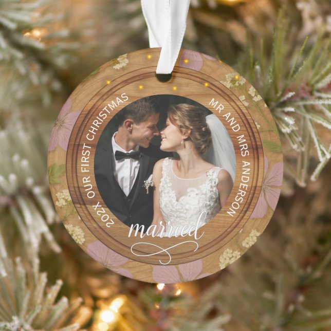 Rustic Wood Floral Couples First Christmas married Ornament (Tree)