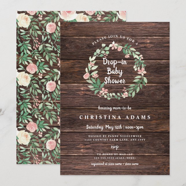 Rustic Wood Floral drop in girl baby shower invite (Front/Back)
