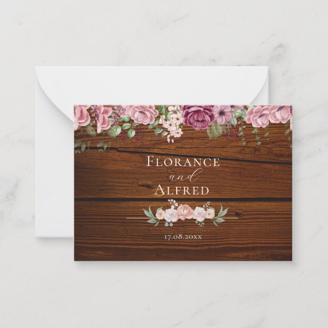 Rustic wood floral elegant white maroon wedding  card (Front)