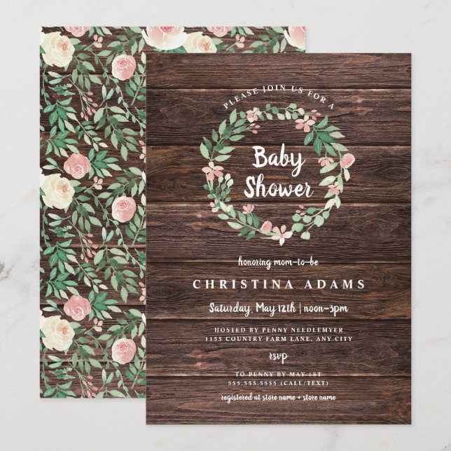 Rustic Wood Floral girl baby shower invite (Front/Back)