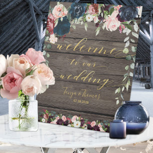 Rustic Wood Floral Gold Fancy Font Calligraphy Pedestal Sign
