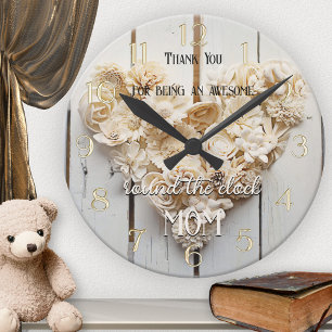 Rustic Wood Floral Heart Mum  Round Clock