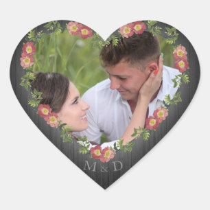 Rustic Wood Floral Heart Photo Heart Sticker