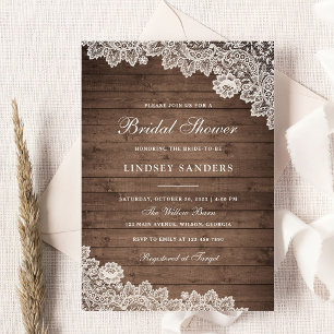 Rustic Wood Floral Lace Bridal Shower Invitation