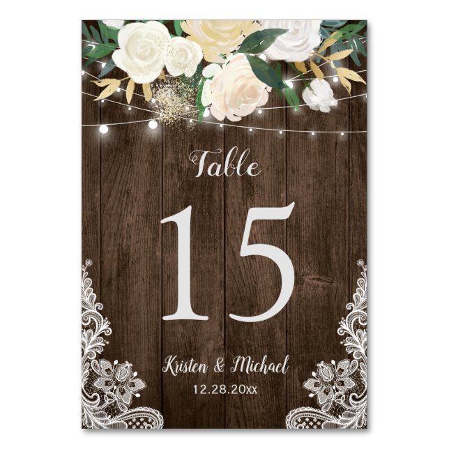 Rustic Wood Floral Lace Chic Wedding Table Number (Front)