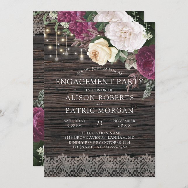 Rustic wood Floral Lace Engagement Party Invitation (Front/Back)