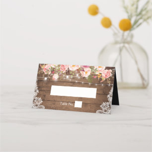 Rustic Wood Floral Lace String Lights Wedding Place Card