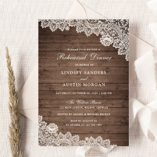 Rustic Wood Floral Lace Wedding Rehearsal Dinner Invitation