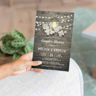 Rustic Wood Floral Lantern Lights Couple's Shower Invitation