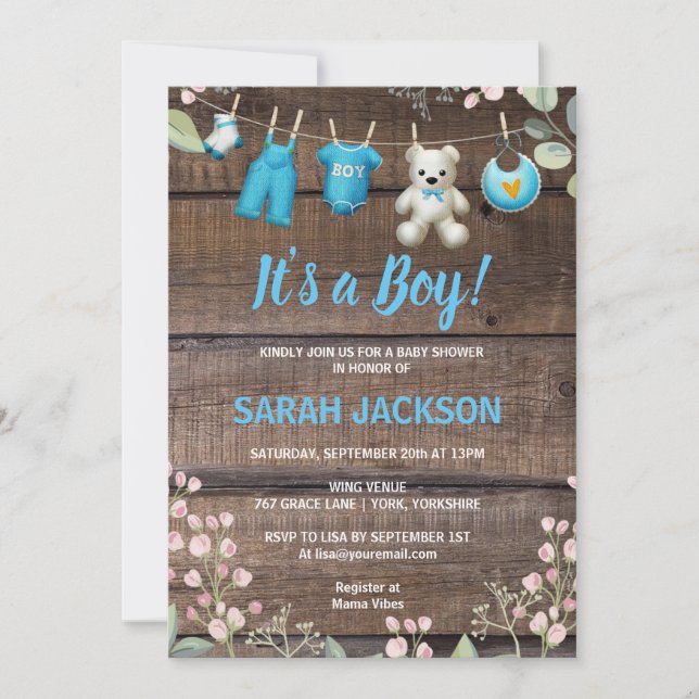 Rustic Wood Floral Laundry It’s a Boy Baby Shower Invitation (Front)