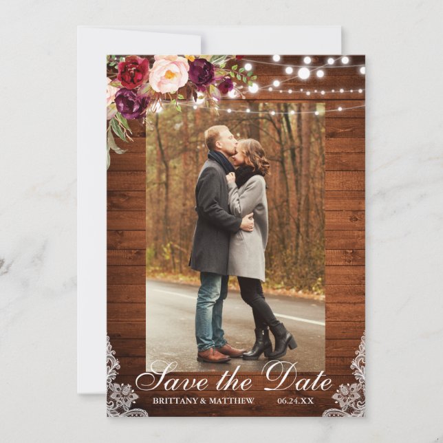 Rustic Wood Floral Lights Lace Save the Date (Front)