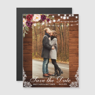 Rustic Wood Floral Lights Lace Save the Date Magnetic Invitation