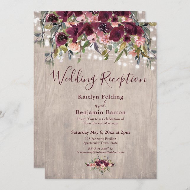 Rustic Wood Floral Lights Wedding Reception Invitation (Front/Back)
