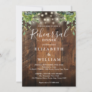 Rustic Wood Floral Lights Wedding Rehearsal Dinner Invitation