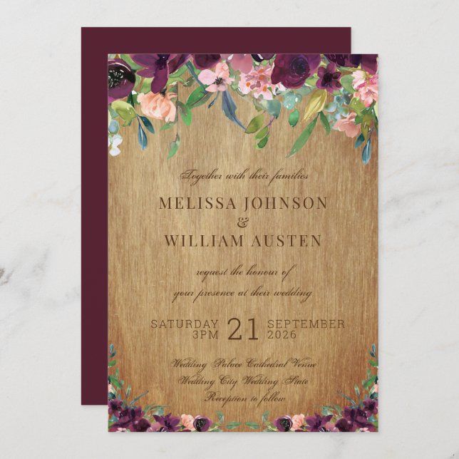 Rustic Wood Floral Marsala Wedding Invitation (Front/Back)