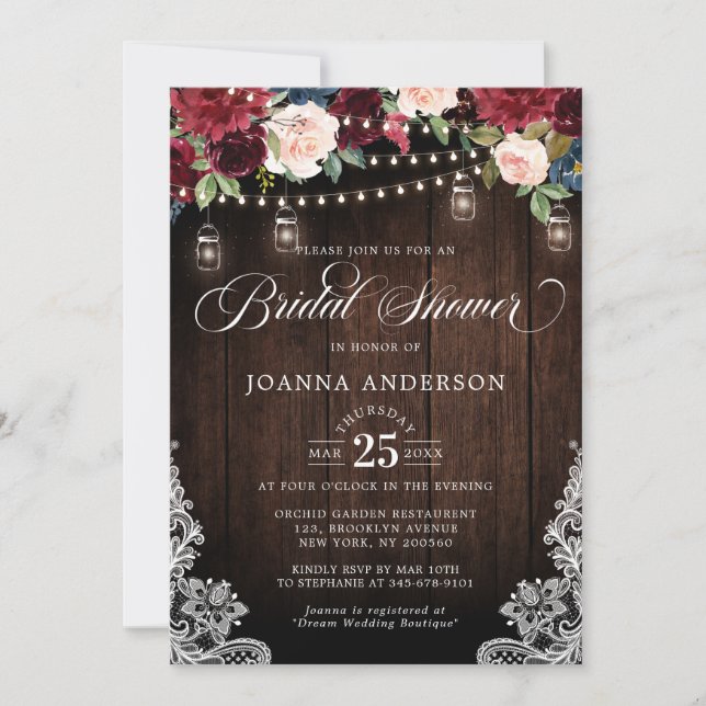 Rustic Wood Floral Mason Jar Bridal Shower Invitation (Front)