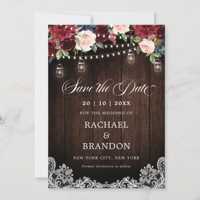 Rustic Wood Floral Mason Jar Save the Date (Front)