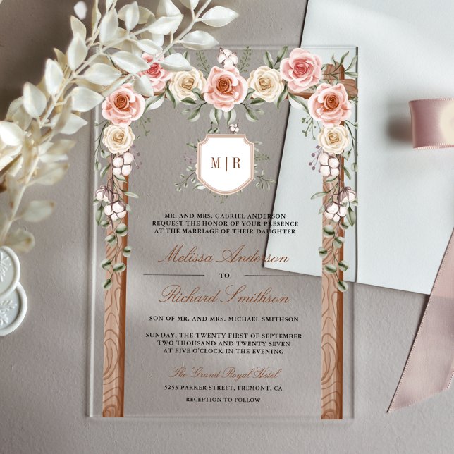 Rustic Wood Floral Monogram Crest Canopy Wedding Acrylic Invitations (Creator Uploaded)