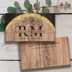 Rustic Wood Floral Monogrammed Gold Business Card