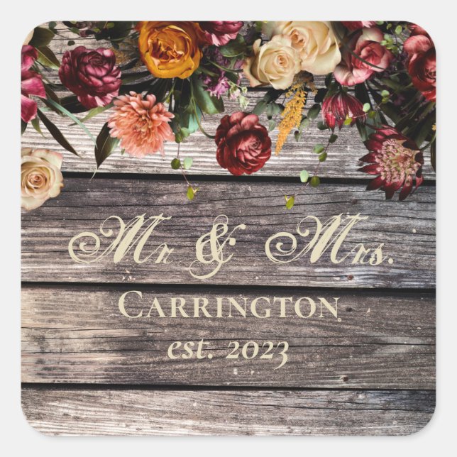 Rustic Wood Floral Mr & Mrs Wedding Square Sticker (Front)