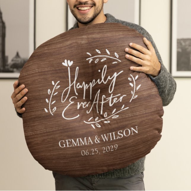 Rustic Wood Floral Personalised Wedding Gift Round Cushion (Creator Uploaded)