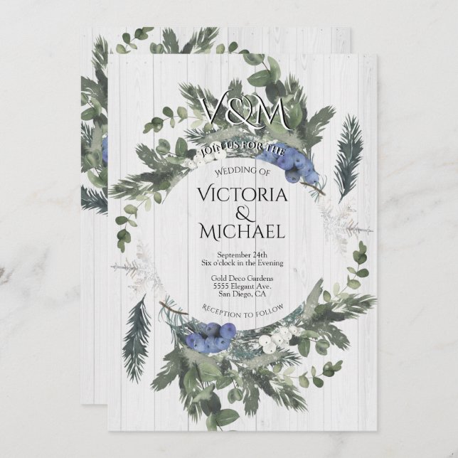 Rustic Wood Floral & Pine Winter Wedding  Invitation (Front/Back)