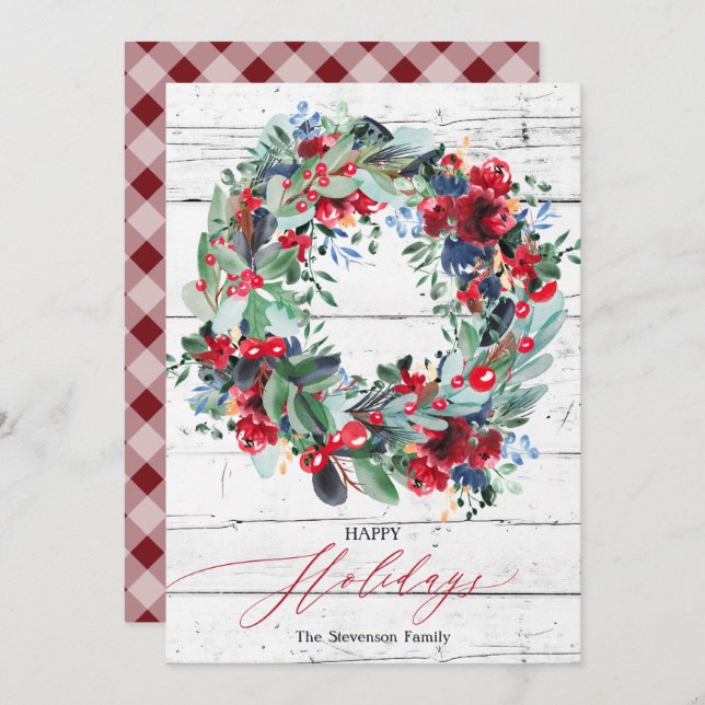 Rustic wood floral red Christmas wreath happy  Holiday Card (Front/Back)