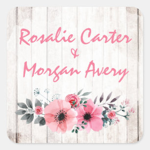 Rustic Wood Floral Rose Country Chic Coral Wedding Square Sticker