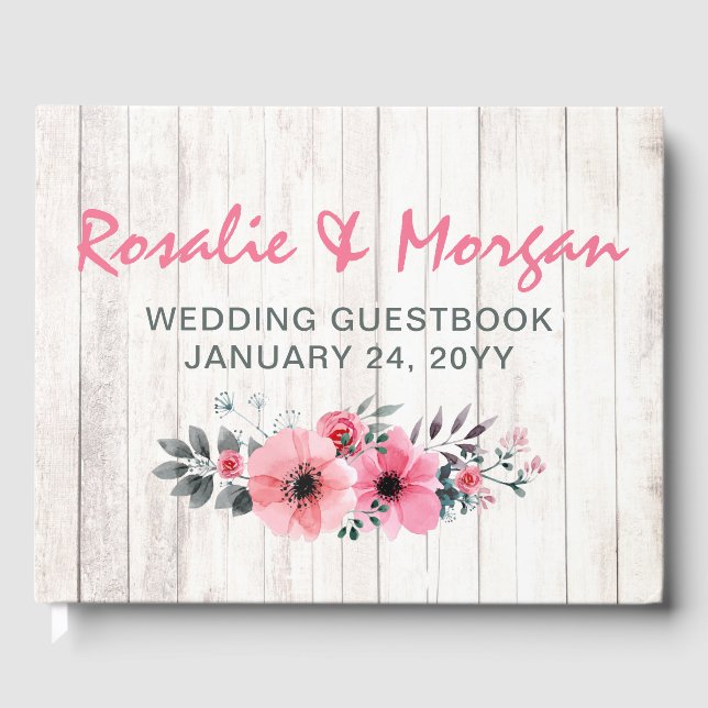 Rustic Wood Floral Rose Country Wedding Ceremony Guest Book (Front)