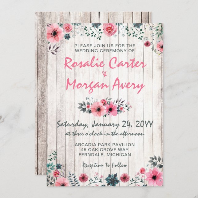 Rustic Wood Floral Rose Country Wedding Invitation (Front/Back)